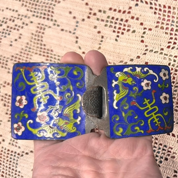 Distinctive Antique Cobalt Blue Enameled Brass Belt Buckle From China - c 1920 - Picture 2 of 8
